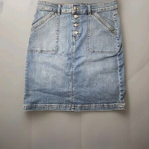 Chaps Skirt Denim Jeams Women Sz 10 Med Wash 4-Button Closure Belt Loops Stretch